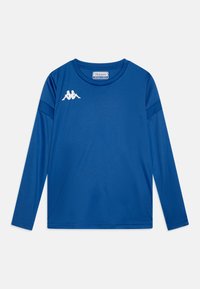 Modra dolgoročnega rokava majica iz gladkega, lahkotnega materiala. Ima okroglo izreza in bel Kappa logotip na prsih.