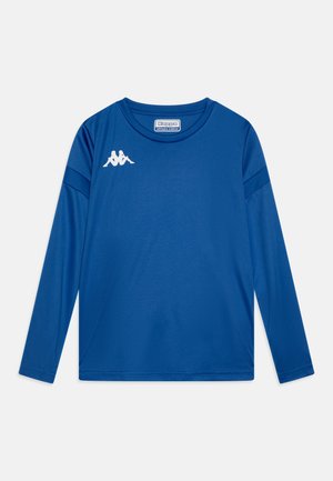 Camisa azul de mangas compridas feita de um tecido leve e suave. Apresenta um decote redondo e um logo branco da Kappa no peito.