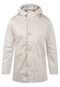 Lys beige jakke med hette, med knappestolpe foran, to frontlommer og en glatt, matt tekstur.