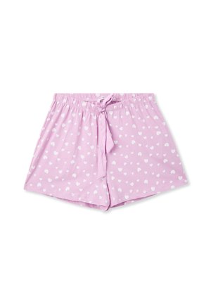 Pantaloni shorts rosa realizzati in tessuto morbido, dotati di cordino e un motivo a cuori bianchi su tutta la superficie. Vita elasticizzata per un comfort e una comodità ottimali.