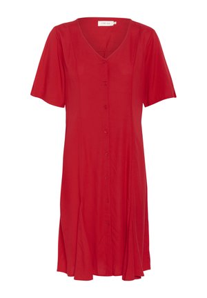 Crvena haljina sa dugmadi, kratkih rukava, V-izrezom, mekanim materijalom i nabranom suknjom. Ima ravni kroj i laganu teksturu.