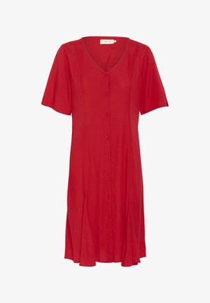 Vestito rosso con bottoni, maniche corte, scollatura a V, tessuto morbido e gonna plissettata. Presenta una linea dritta e una texture leggera.