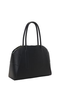 Zwarte tote bag van glad materiaal, met twee ronde handvatten en een ritssluiting. Heeft een gestructureerd ontwerp en een subtiele geperste logo.