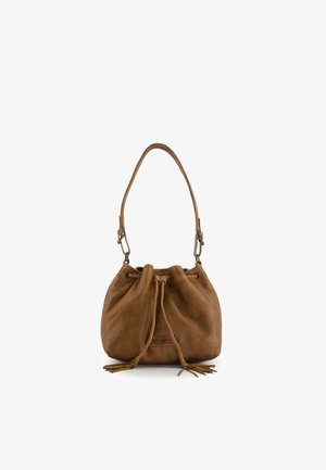 Braune Leder-Bucket-Bag mit verstellbarem Schulterriemen und Kordelzugverschluss mit Quasten, vorne mit der Aufschrift "Venezia".