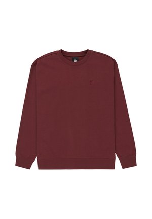 burgundy sweatshirt with a round neckline, long sleeves, ribbed cuffs, and a small embroidered logo on the chest. Soft fabric texture.