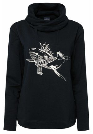Zwarte sweatshirt met een hoge col, voorzien van een zilveren grafiek van een abstract wezen en vloeiende lijnen. Gemaakt van een zachte stof met geribbelde manchetten.