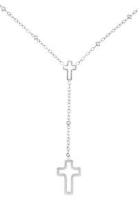 Collier en chaîne argentée avec deux pendentifs croisés entrelacés, un plus petit près du fermoir et un pendu plus grand, au fini lisse.
