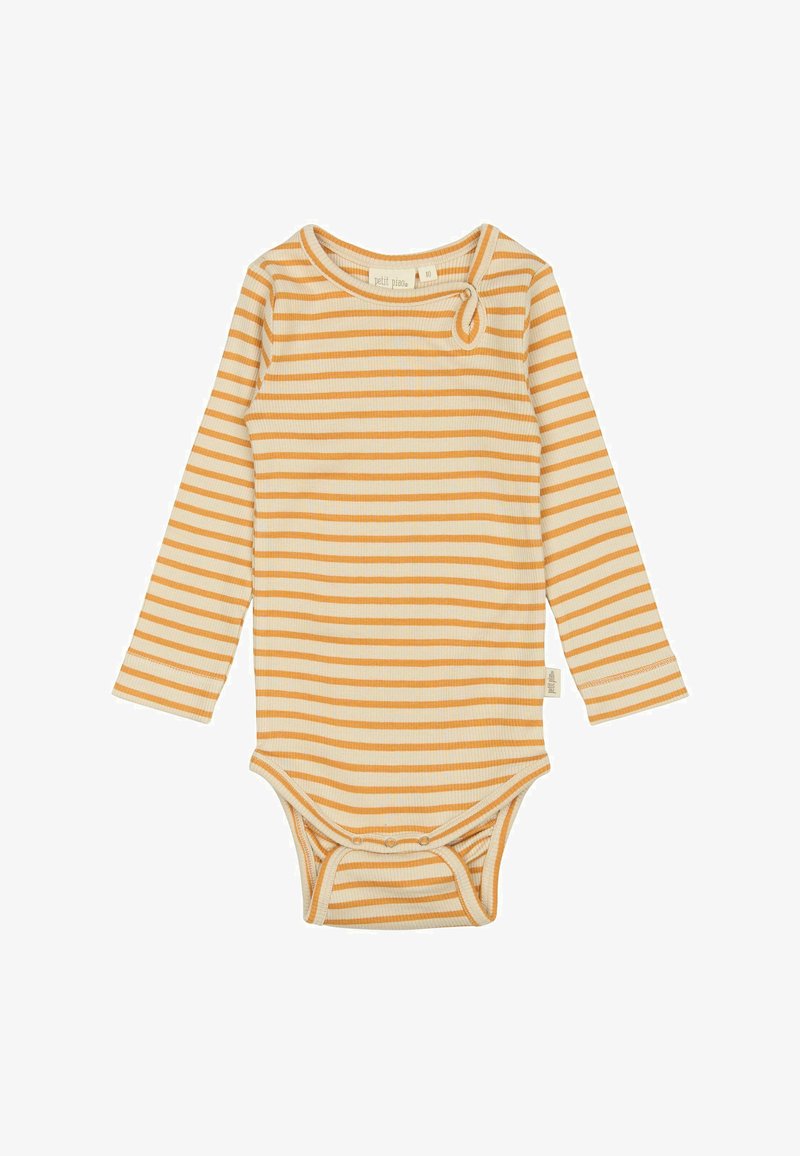 Ilga rankovė kūdikių bodis kreminės spalvos su oranžinėmis juostelėmis. Yra apvalus iškirpimas ir užsegimai apačioje, leidžiantys lengvai apsirengti.