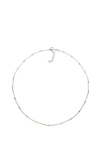 Silver chain necklace with small round bead accents. Features a simple clasp and adjustable length with a delicate design.