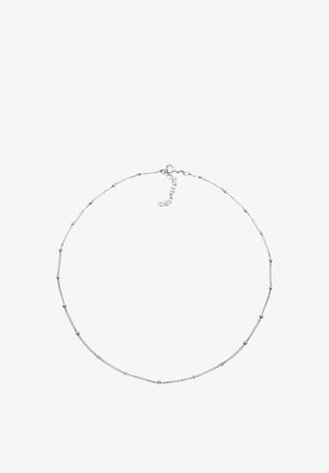 Silberkette mit kleinen runden Perlenakzenten. Verfügt über einen einfachen Verschluss und eine verstellbare Länge mit einem zarten Design.