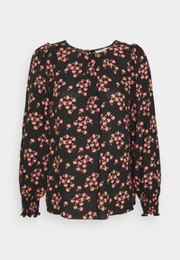 Blusa nera con maniche lunghe, presenta un motivo floreale in rosa, scollatura arricciata e polsini elastici. Tessuto leggero con una vestibilità comoda.