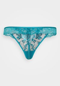 Τιρκουάζ δαντελένιο σλιπάκι με λουλουδάτη κέντημα και διαφάνεια από πλέγμα. Διαθέτει λεπτή ζώνη μέσης και ελάχιστη κάλυψη στο πίσω μέρος.