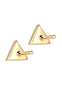 Gul, trekantede nagleøreringe med en glat, blank overflade og en kort stift for sikker fastgørelse. Enkel geometrisk design.
