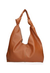 Sac hobo en cuir marron avec deux anses nouées et un corps souple et texturé sur fond blanc.