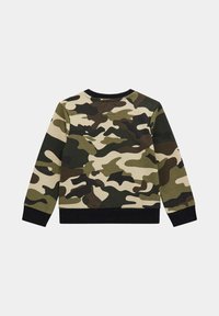 Hanorac camuflat în nuanțe variate de verde, maro și bej, cu manșete și talie negre din tricot. Țesătură moale, design clasic cu guler rotund.