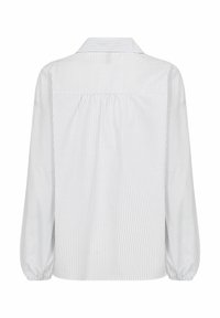 Witte stoffen blouse met verticale blauwe strepen, lange puffmouwen, een kraag en een geraffineerd rugdetail. Gladde textuur.