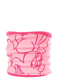 Różowa osłona na szyję z miękką teksturą, z wzorem przedstawiającym kreskówkową postać. Krawędzie wykończone ciemniejszym różowym obszyciem.