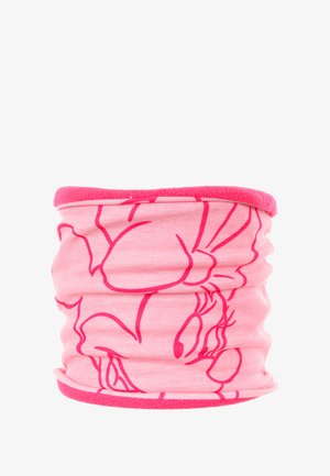 Cuello de tela rosa con una textura suave, que presenta un diseño estampado de un personaje de dibujos animados. Bordes rematados con un ribete de un rosa más oscuro.