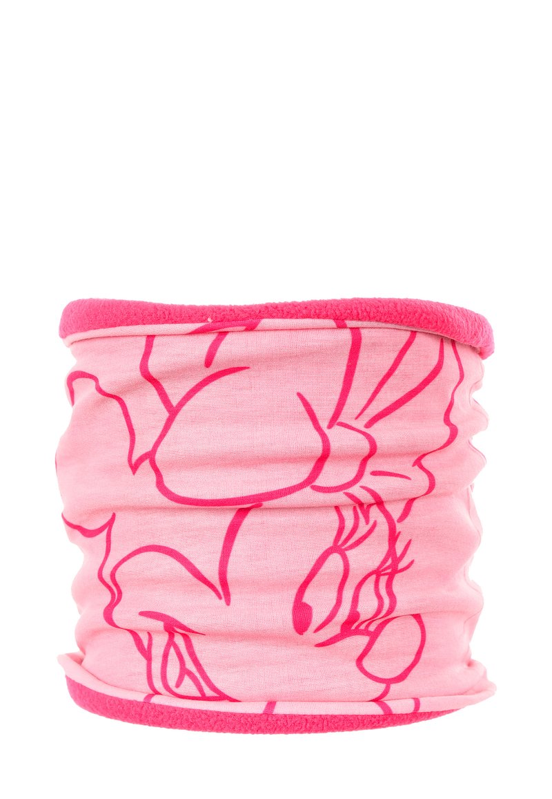 Różowa osłona na szyję z miękką teksturą, z wzorem przedstawiającym kreskówkową postać. Krawędzie wykończone ciemniejszym różowym obszyciem.
