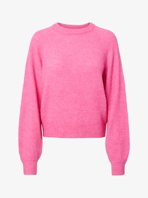 Heled roosa pikade varrukatega ringkaelusember, millel on soonikkoes varrukate ja alumise serva ääred, valmistatud pehmest jaudrest kootud kangast.