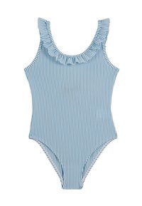 Maillot de bain une pièce à rayures bleu clair et blanc avec un col à volants. Confectionné en tissu doux, il présente des jambes coupées haut et aucun accent supplémentaire.