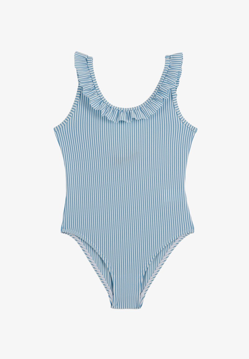Maillot de bain une pièce à rayures bleu clair et blanc avec un col à volants. Confectionné en tissu doux, il présente des jambes coupées haut et aucun accent supplémentaire.