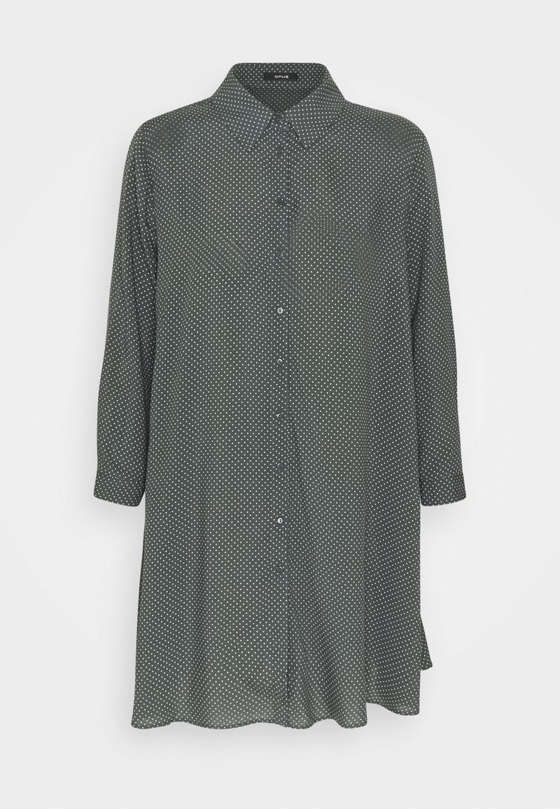 Dark green button-up shirt with long sleeves, featuring a white polka dot pattern, classic collar, and straight hem. Made of smooth fabric.