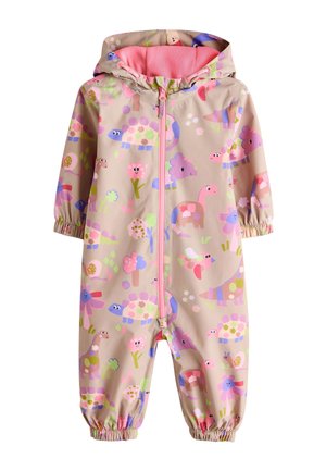Beežist kapuutsiga beebimõõdus kombinesoon roosa luku, elastsete mansettide ja värvikate multifilmidinosauruste ja lillemustritega.