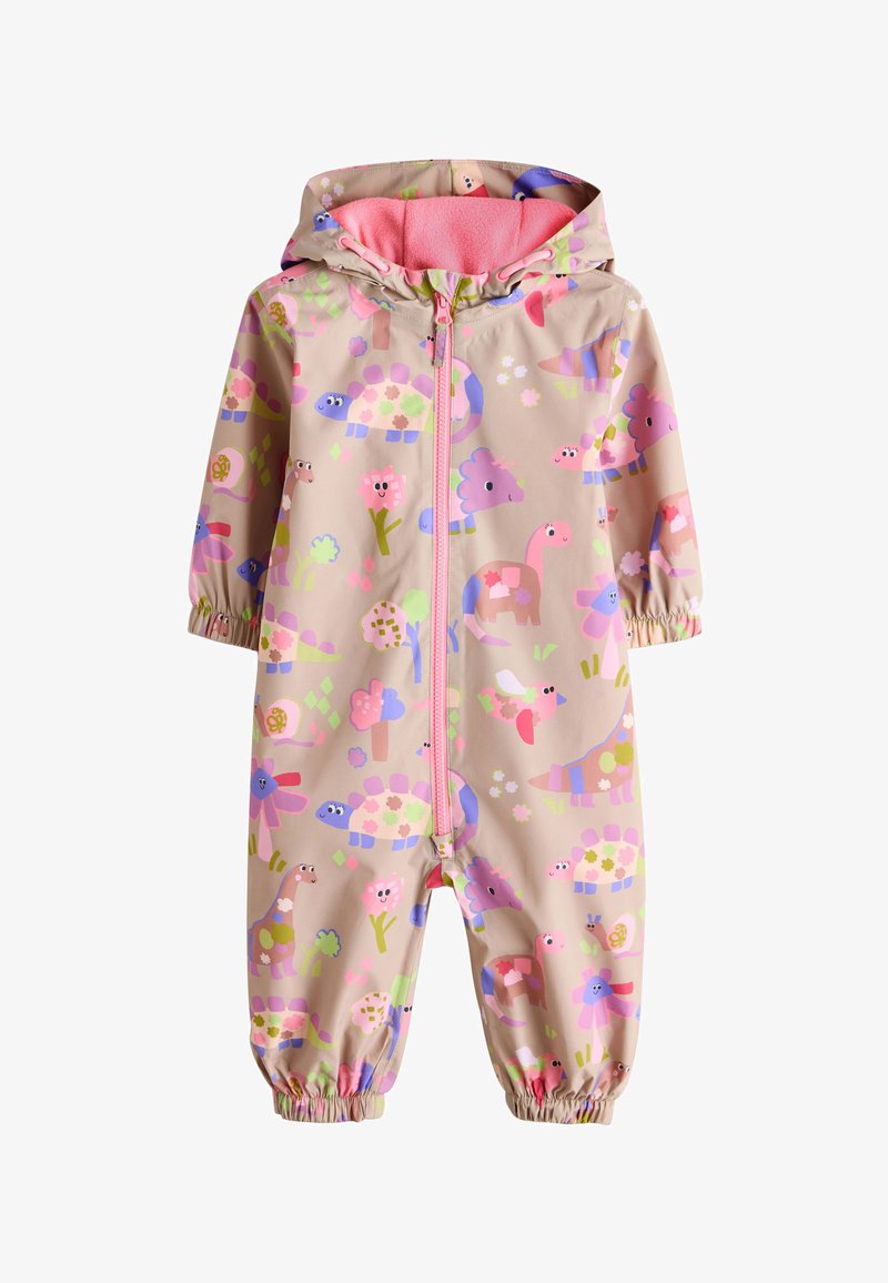 Combinaison beige à capuche pour tout-petits avec fermeture éclair rose, poignets élastiques et motifs colorés de dinosaures et de fleurs dessinés.