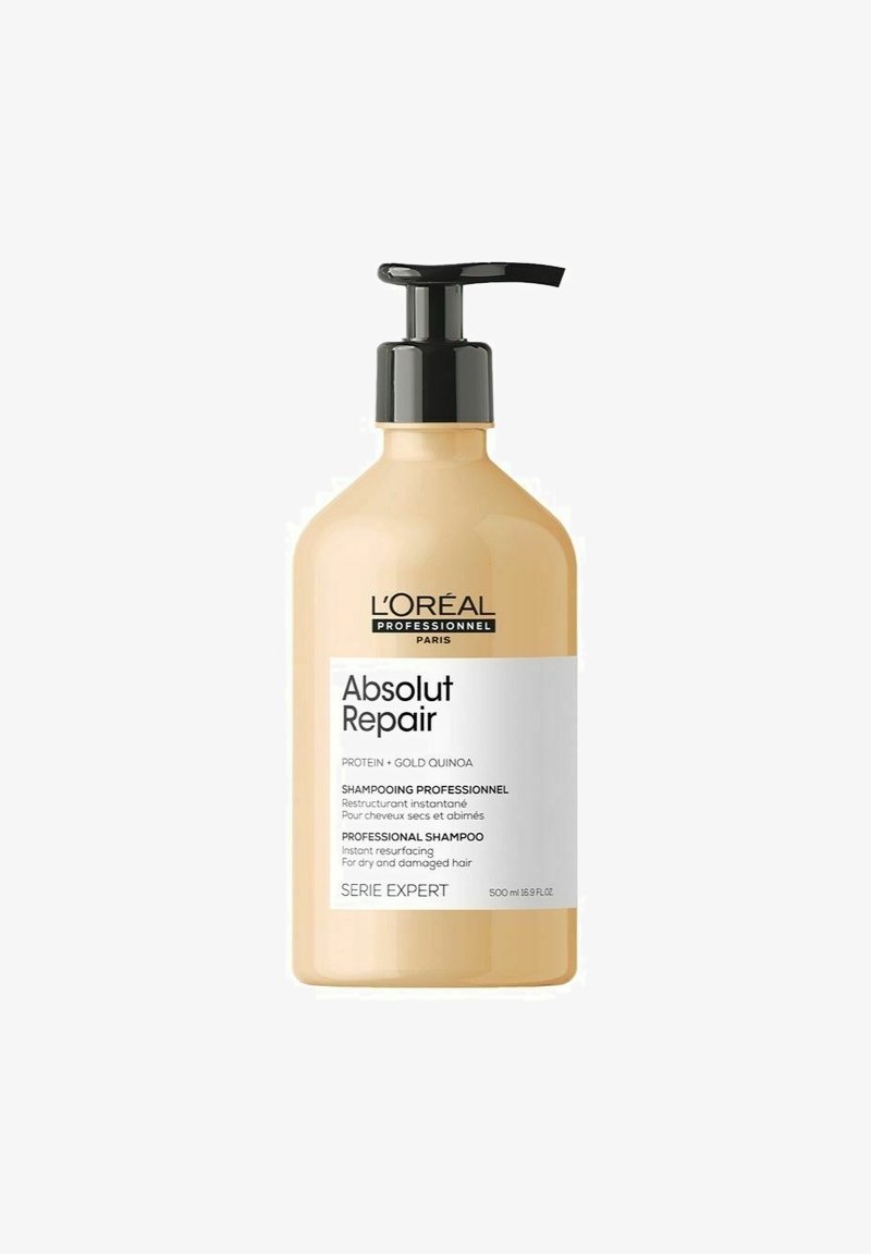 L'Oréal Absolut Repair professionel shampoo flaske med pumpe, designet til øjeblikkelig genopretning af tørt og skadet hår, 500 ml.
