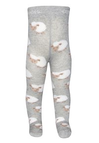 Collant grigi realizzati a maglia con motivo di pecora in bianco e marrone. Texture morbida, design a lunghezza intera con una vestibilità aderente in vita.