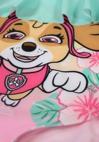 Illustration d'un chien en cartoon avec un pelage brun et blanc, portant un vêtement rose. L'arrière-plan présente des motifs floraux roses et des feuilles vertes.