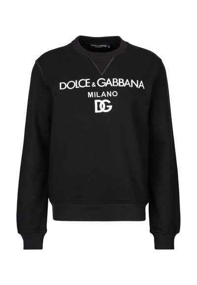 Zwarte sweatshirt van katoen, met een ronde halslijn en geribbelde manchetten. Bevat witte geborduurde tekst: "DOLCE & GABBANA MILANO" en "DG."