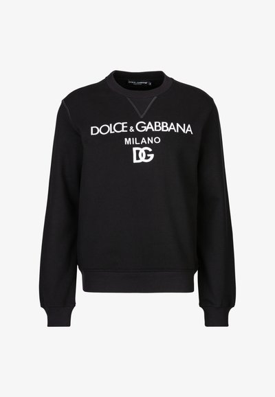 Zwarte sweatshirt van katoen, met een ronde halslijn en geribbelde manchetten. Bevat witte geborduurde tekst: "DOLCE & GABBANA MILANO" en "DG."