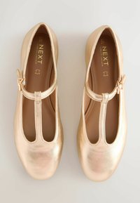 Goldene metallische T-Bar Flachschuhe mit runden Zehen, glatter Textur und einer Schnallenakzent. Innen mit beigem Stoff gefüttert, Markenname sichtbar.