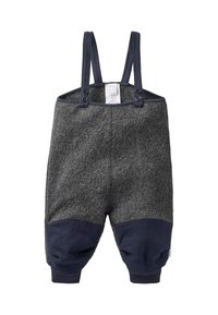 Grijze en marineblauwe fleecebroek voor peuters met bretels en versterkte kniestukken, ontworpen voor warmte en duurzaamheid.