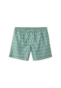 Short de bain homme à motifs verts et blancs avec taille élastique et cordon blanc sur fond blanc.