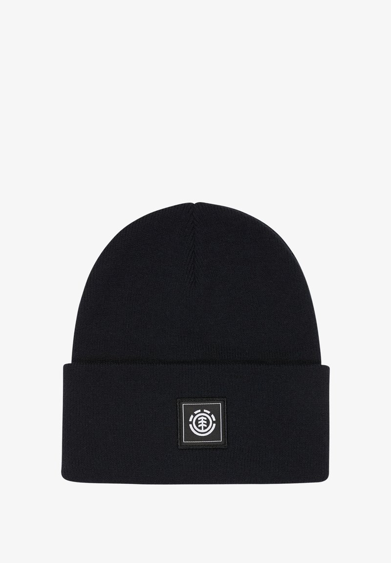 Black knitted beanie with a folded cuff, featuring a square logo patch in white and black on the front. Smooth texture and simple design.