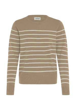Pull beige avec des rayures horizontales crème, encolure ronde et manches longues, fabriqué en matière tricotée douce avec un ourlet ajusté.
