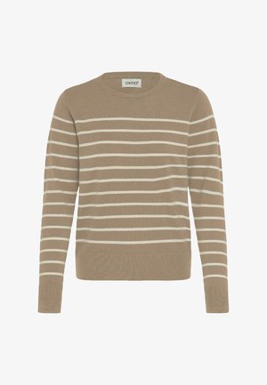 Pull beige avec des rayures horizontales crème, encolure ronde et manches longues, fabriqué en matière tricotée douce avec un ourlet ajusté.