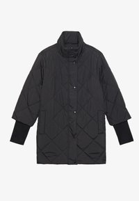Schwarze gestepfte Daunenjacke mit hohem Kragen, Druckknöpfen und gerippten Bündchen. Mit einem rautenförmigen Muster und seitlichen Taschen.