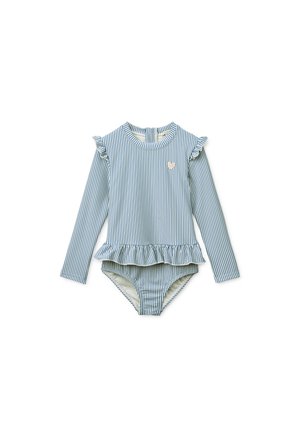 Badedragt med lange ærmer i blå og hvide lodrette striber, med en flæsekant og et lille hjerteemblem på brystet.