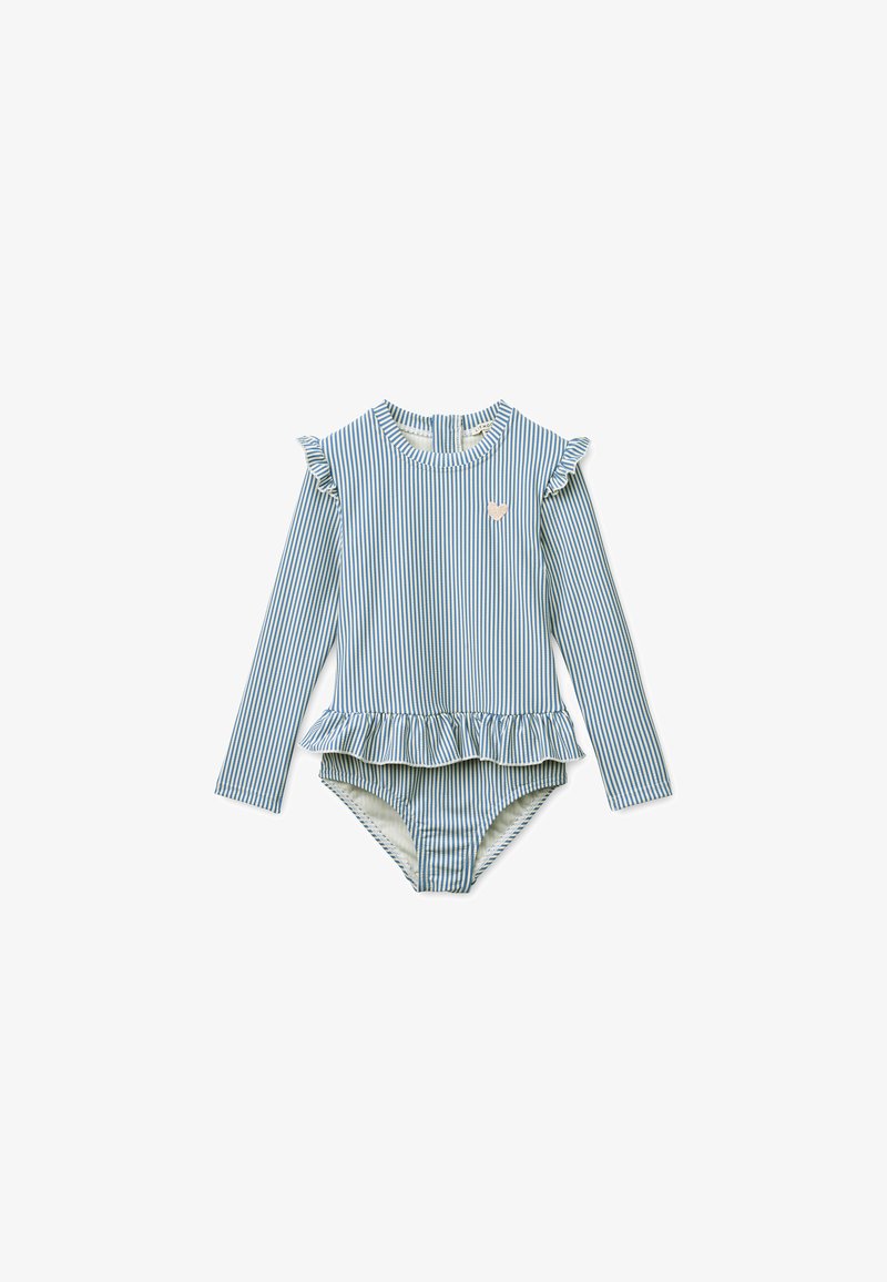 Ολόσωμο μαγιό με μακριά μανίκια σε μπλε και λευκές κατακόρυφες ρίγες, με βολάν στο τελείωμα και μικρό έμβλημα καρδιάς στο στήθος.