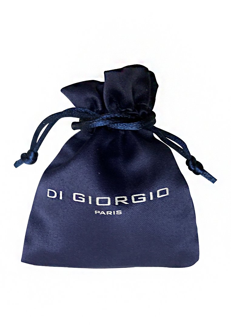 Navyblaue Satin-Zugtasche mit gerafftem oberen Teil und blauen Schnüren; zeigt silberne Schriftzüge mit "DI GIORGIO PARIS" auf der Vorderseite.