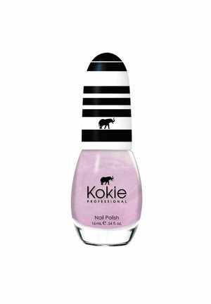 Pinkki hohtava kynsilakka pullo, jossa mustavalkoraidallinen korkki ja musta elefanttilogo, merkinnällä Kokie Professional, 16 ml.