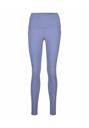 Fliederfarbene Leggings mit hoher Taille, seitlichen Taschen, sichtbaren Nähten und dehnbarem Stoff, entwickelt für Komfort und Passform bei Sportbekleidung.