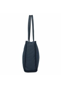 Tote bag bleu marine avec deux longues poignées, de forme rectangulaire douce, fabriquée en matériau lisse, avec des détails de couture subtils.