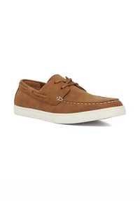 Brown leather boat shoes with white rubber sole, features stitching accents, lace closure, and side details for breathability.