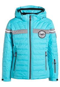 Veste isolée bleu clair avec un motif matelassé, rayures horizontales grises, capuche, fermeture éclair à l'avant et poches latérales avec des accents rouges.