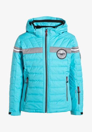 Veste isolée bleu clair avec un motif matelassé, rayures horizontales grises, capuche, fermeture éclair à l'avant et poches latérales avec des accents rouges.